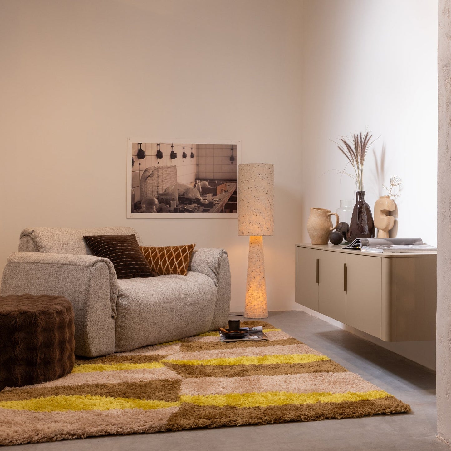 Loft vloerlamp metaal/boucle naturel met stippen 130xo30 cm