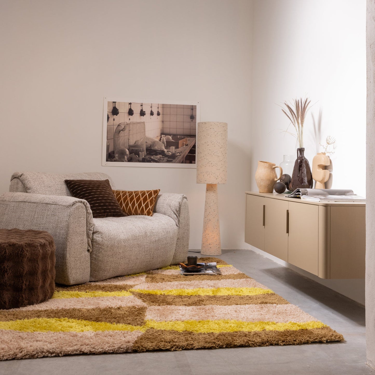 Loft vloerlamp metaal/boucle naturel met stippen 130xo30 cm