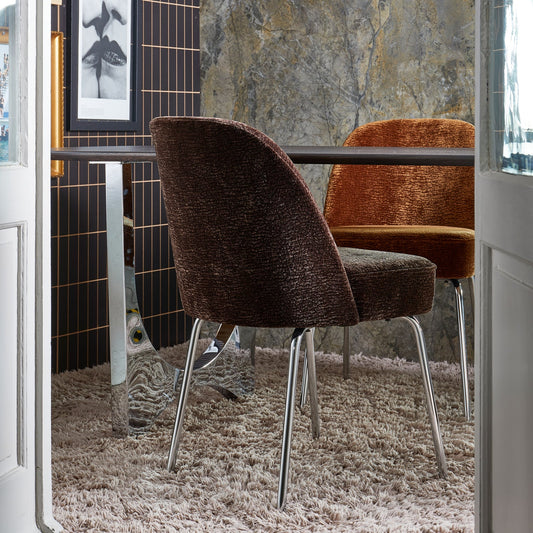 Vogue eetkamerstoel 3d chenille donkerbruin chrome poot